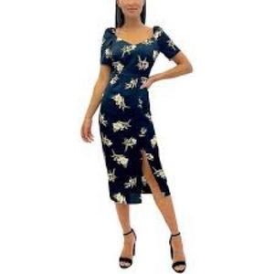 NWT|Sam Edelman|Satin|Navy|Floral|Fit and Flare Dress|Side slit|Midi|Spring|sz 6